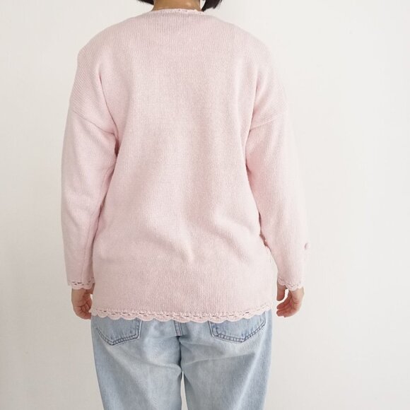 Vintage Exclusive Imports Pink Knit Embroidered Floral Pom Pom Crew Sweater M - Picture 3 of 12